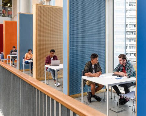 Colleges, Universities and Trade Schools Row of colourful booths for student study, separated by partitions, providing privacy and space to work and meet