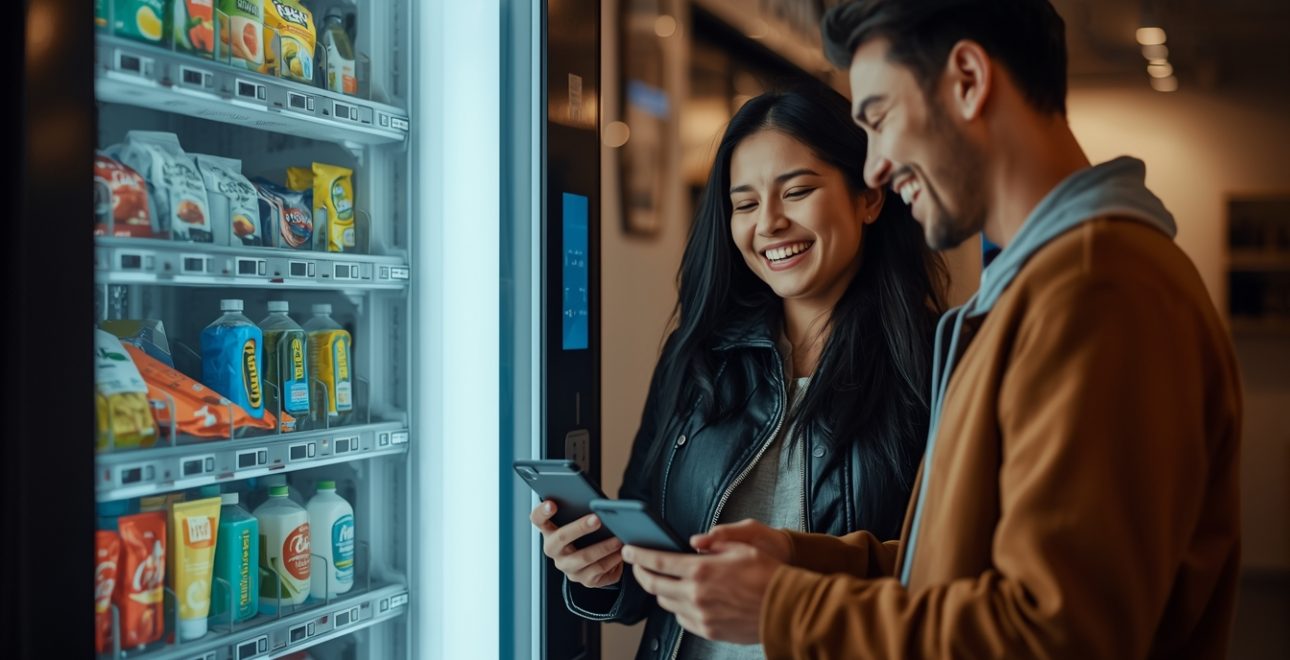 lucid-origin_AI_Smart_technology_vending_machine_laughing_couple_paying_for_their_items_with_-0